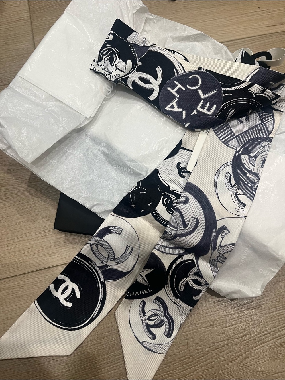 CHANEL Ecru and Black Silk Scarf with CC Motif